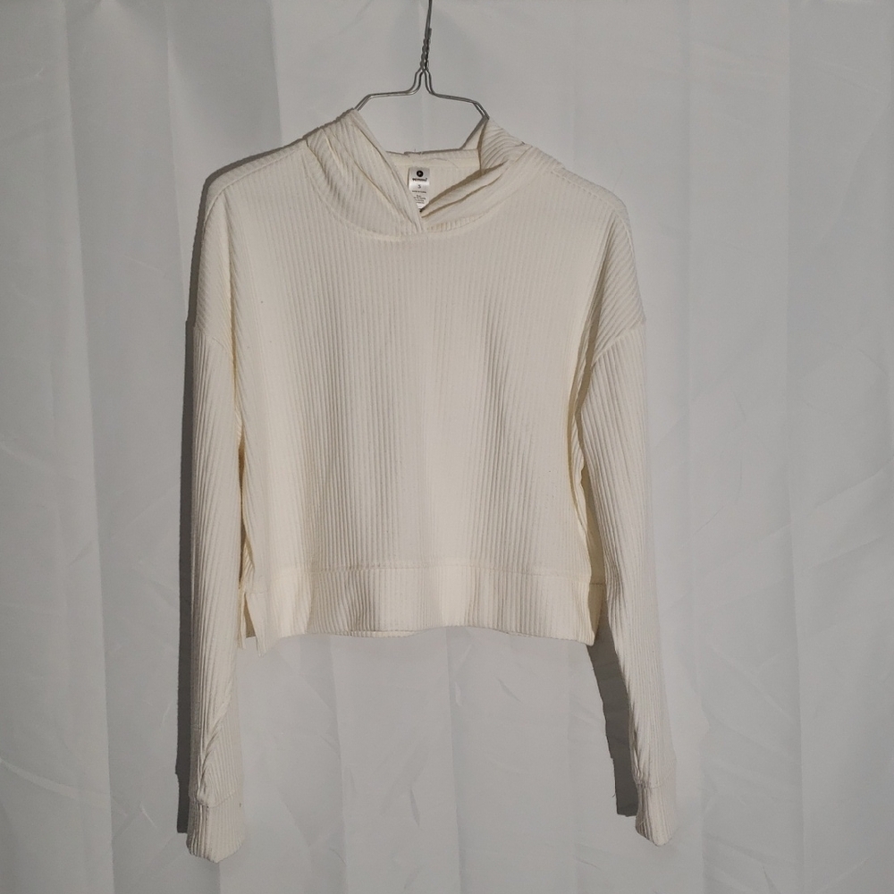 Cozy Cream Hooded Sweater Ribbed Cropped 2010's Y2K Style Small Cotton Poly